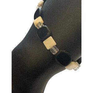 Black & White Beaded Stretch Bracelet With Square & Oval Beads